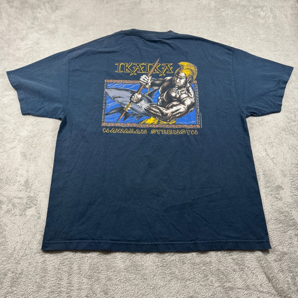 Vtg Hawaiian Strength T-Shirt‎ Mens 2XL Blue Ikaika Shark Graphic 90s Cotton